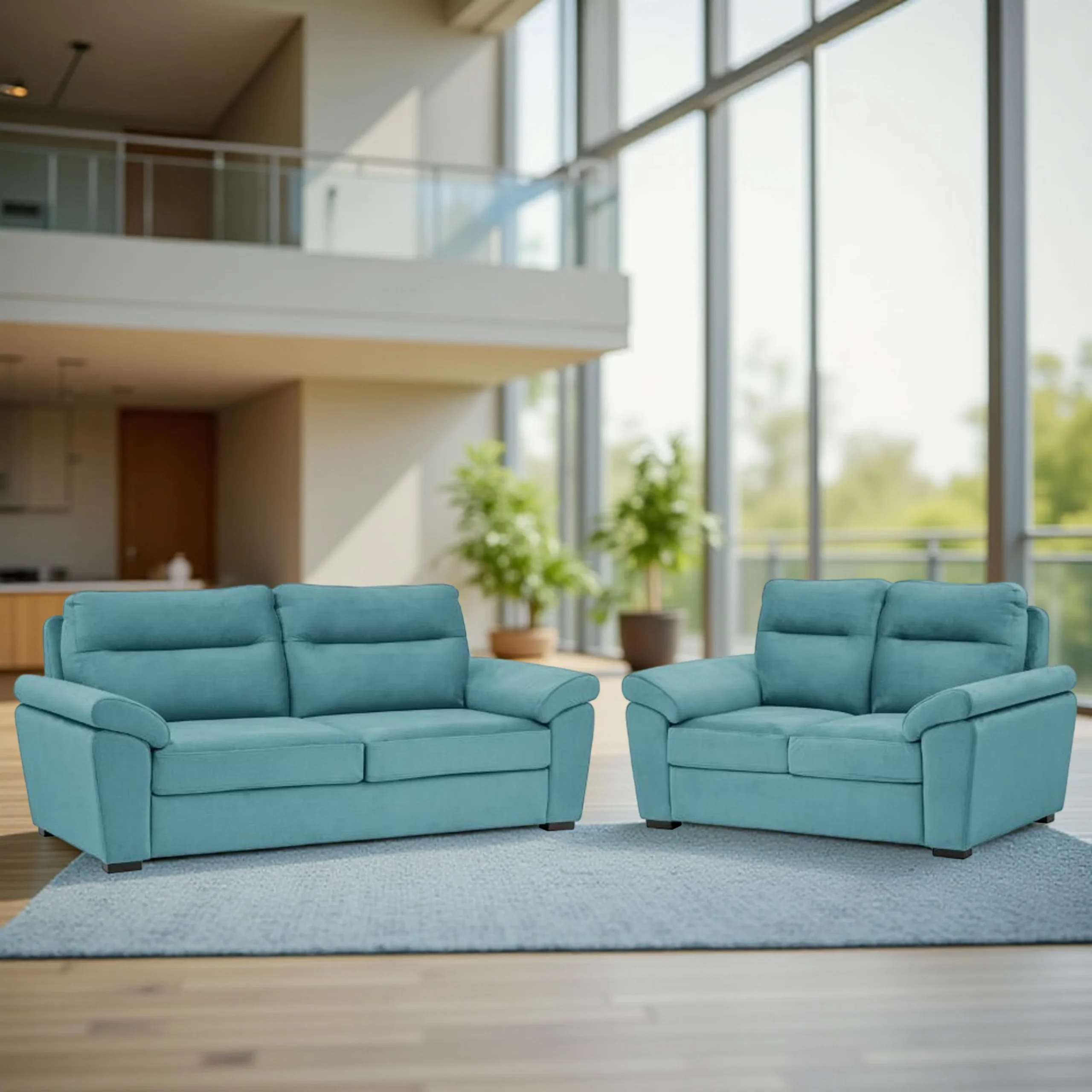 Ojas 3+2 Seater Sofa Set Light Blue premium fabric modern design by Vassio