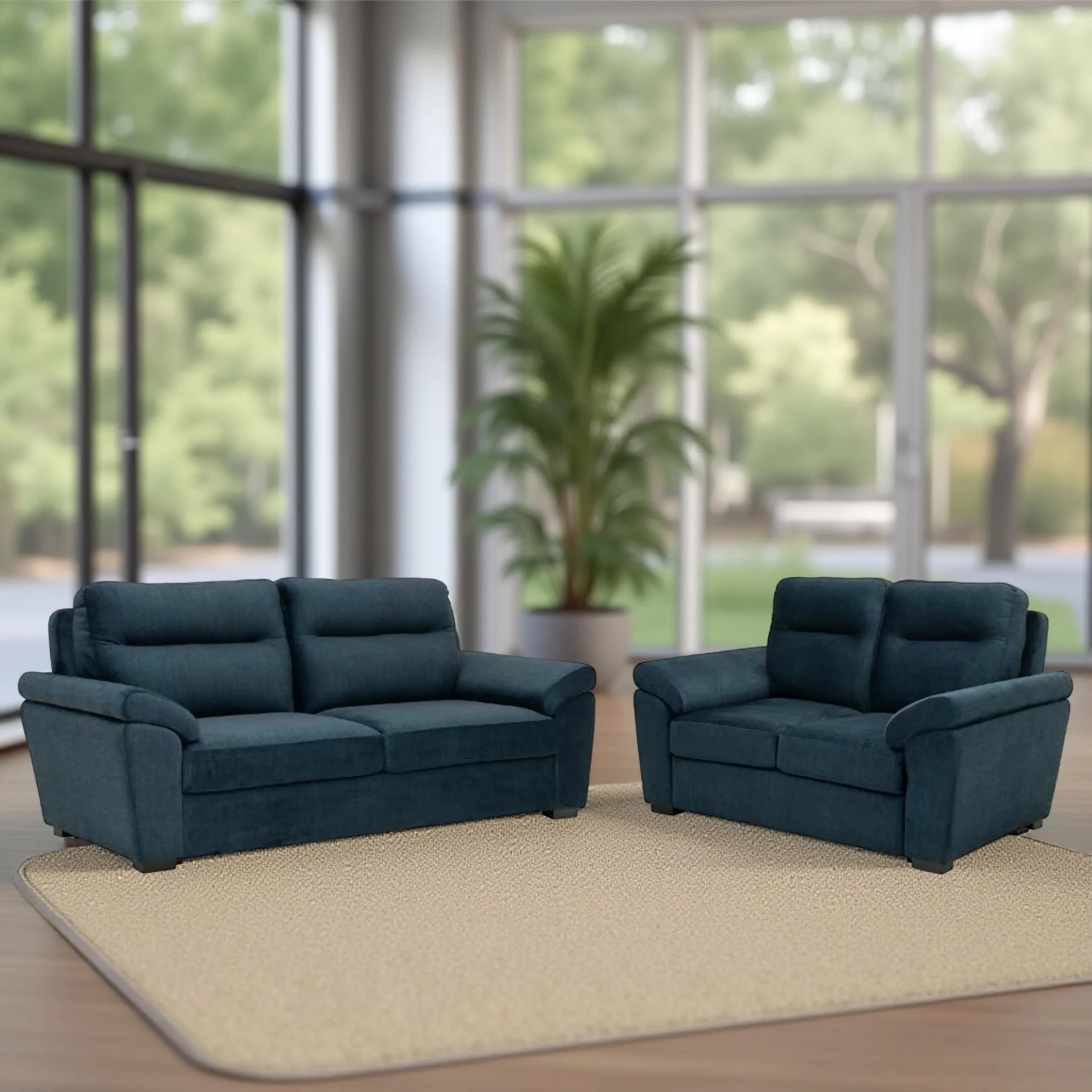 Ojas 3+2 Seater Sofa Set Navy Blue premium fabric modern design by Vassio