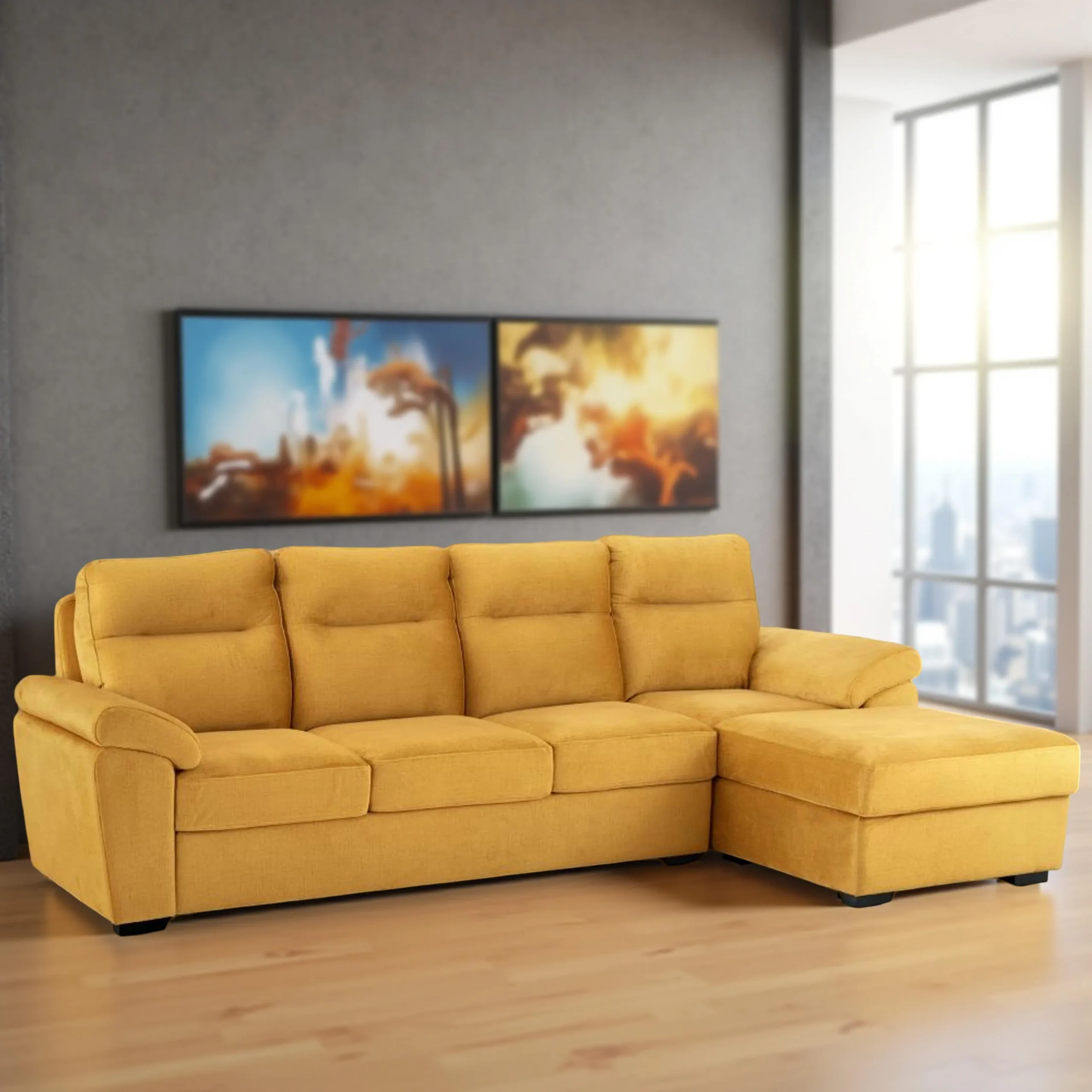 Ojas LHS Sofa Set Yellow premium fabric L shape sofa by Vassio