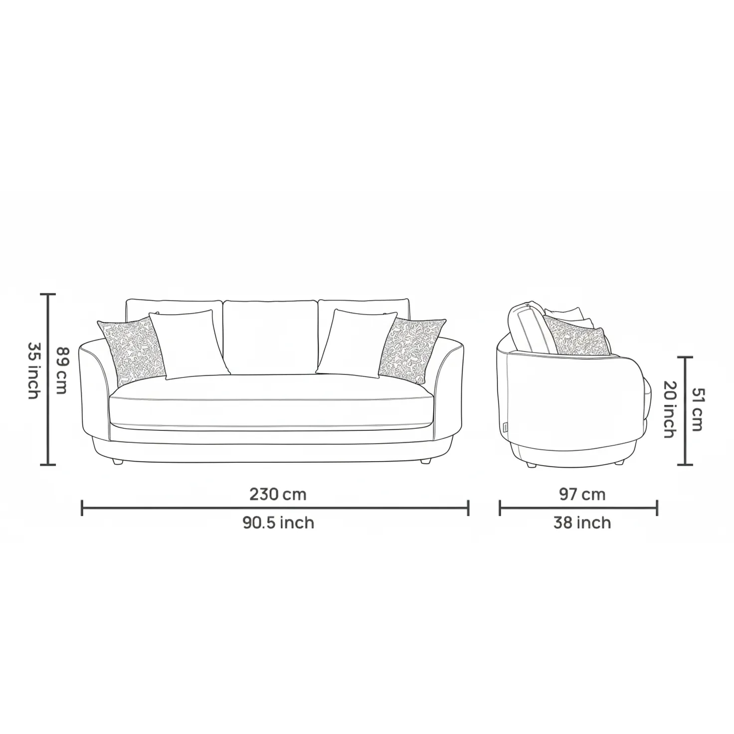 Amara 3 Seater Sofa Dimensions