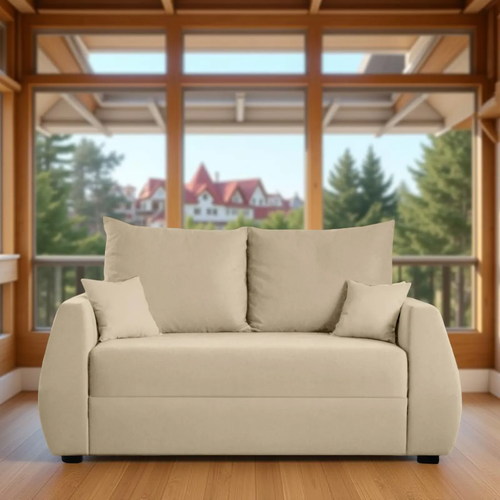 Nesto 2 Seater Sofa Beige with curved arms and soft back cushions by Vassio