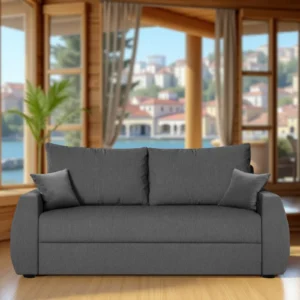Nesto 3 Seater Sofa Dark Grey with curved arms and soft back cushions by Vassio