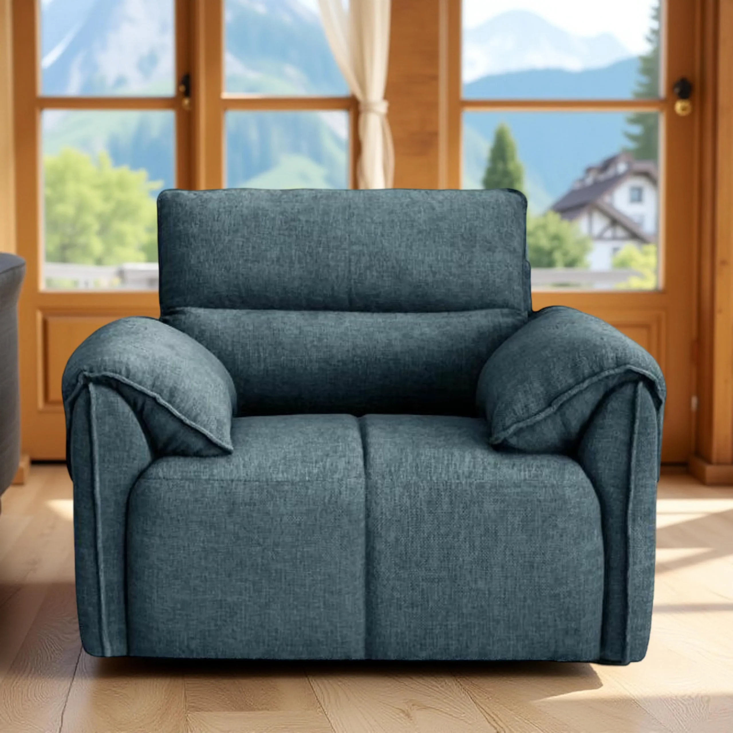 Nova 1 Seater Sofa Blue fabric sofa with solid wood frame and nylon legs by Vassio