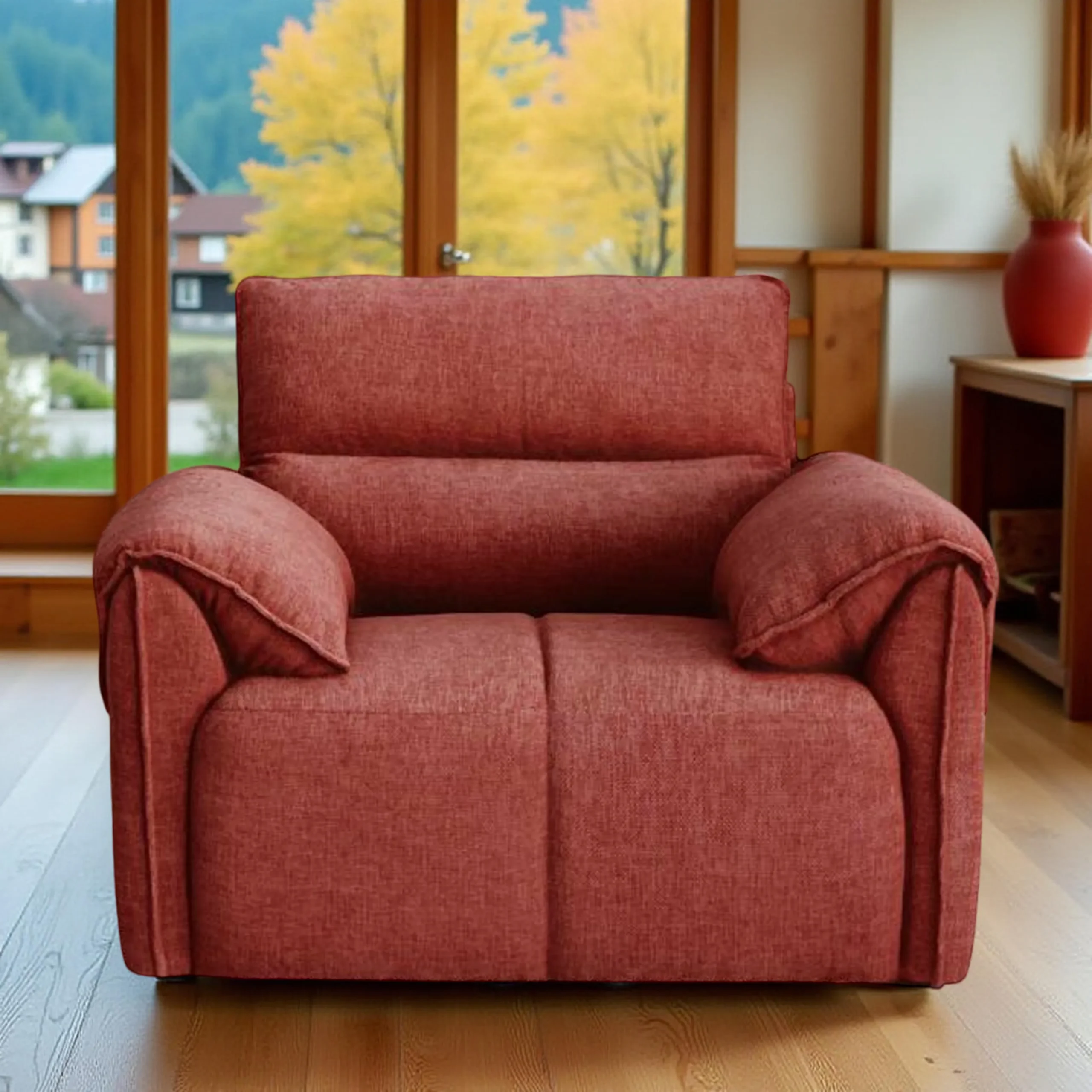 Nova 1 Seater Sofa Maroon fabric sofa with solid wood frame and nylon legs by Vassio