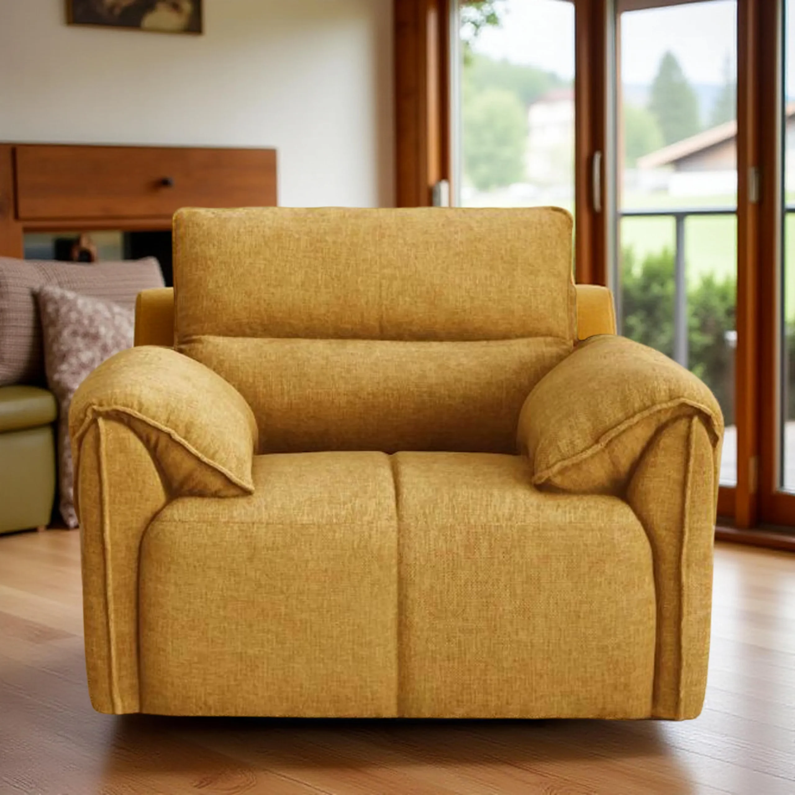 Nova 1 Seater Sofa Yellow fabric sofa with solid wood frame and nylon legs by Vassio