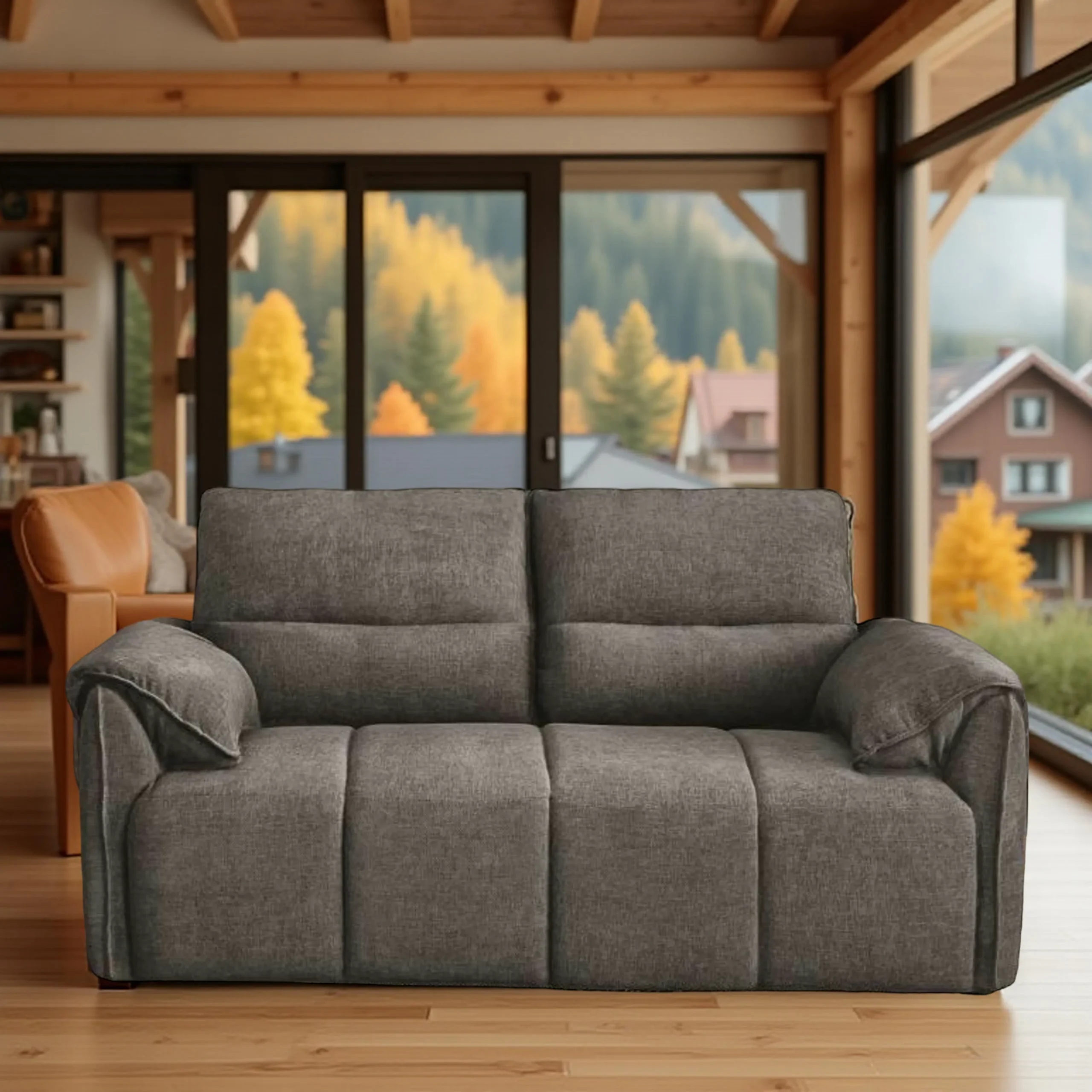 Nova 2 Seater Sofa Dark Grey fabric sofa with solid wood frame, nylon legs, and premium cushioning by Vassio