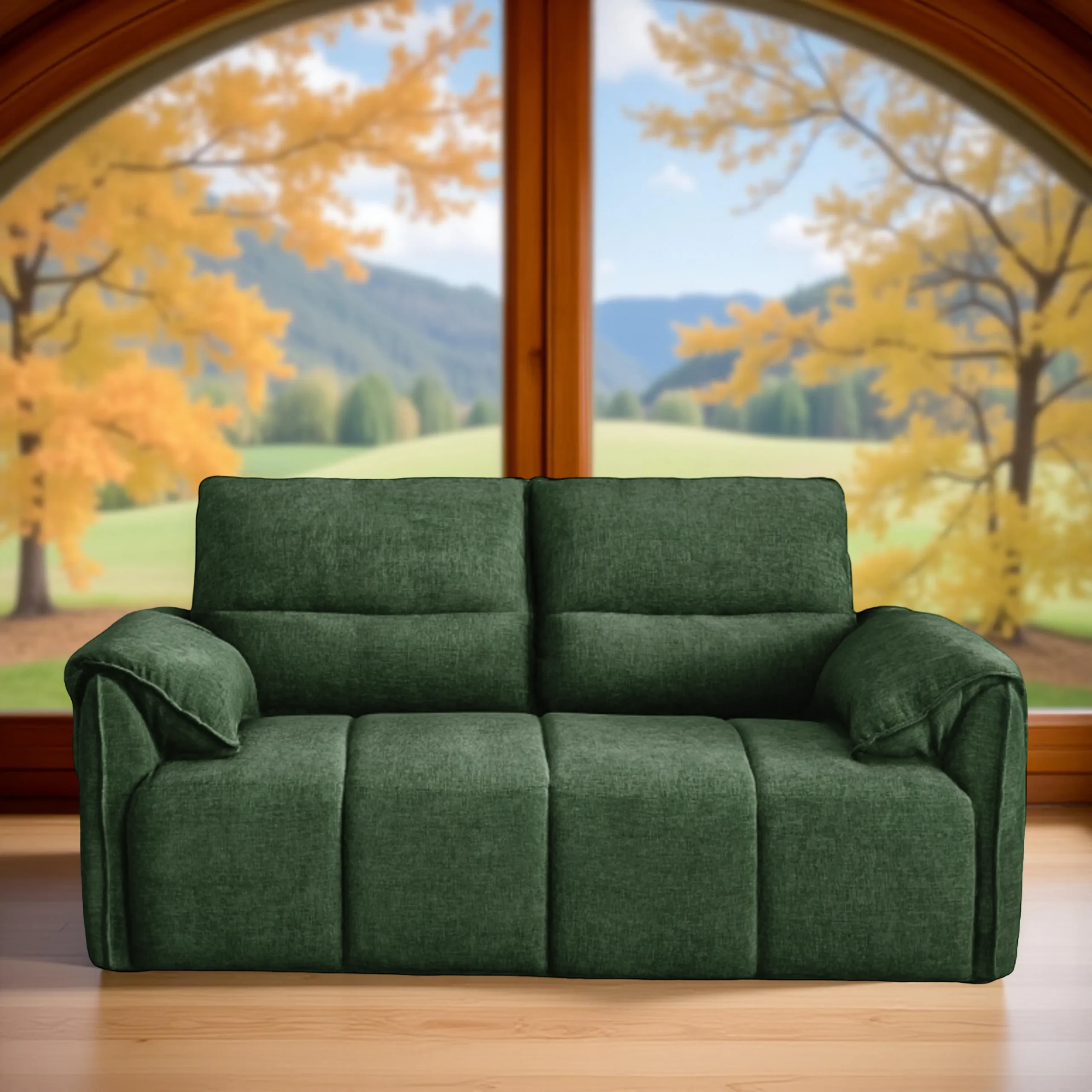 Buy Nova 2 Seater Sofa Green fabric sofa with solid wood frame, nylon legs, and premium cushioning by Vassio